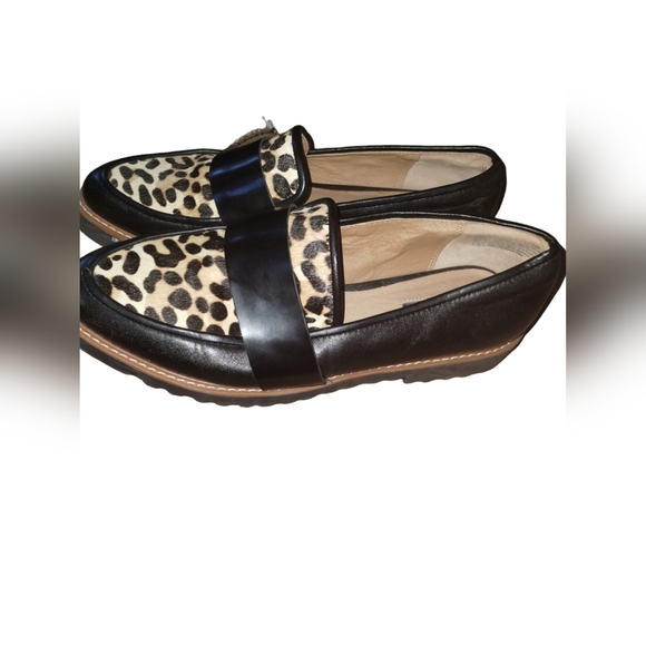 Halogen Black Leather Pony Hair Leopard Print Pointy Toe Slip On Loafers… - Picture 4 of 12